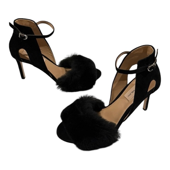ANTONIO MELANI Kayleigh Rabbit Fur Open Toe Ankle Strap Heels Black Size 9 - Picture 2 of 9